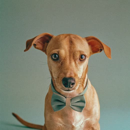 A neatly finished small dog wearing a plain bow tie
